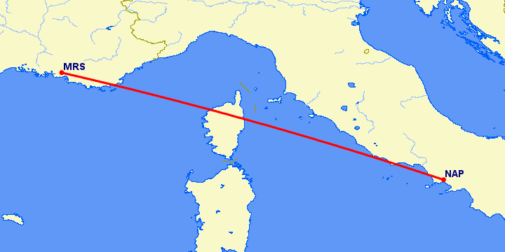 перелет Неаполь — Марсель на карте