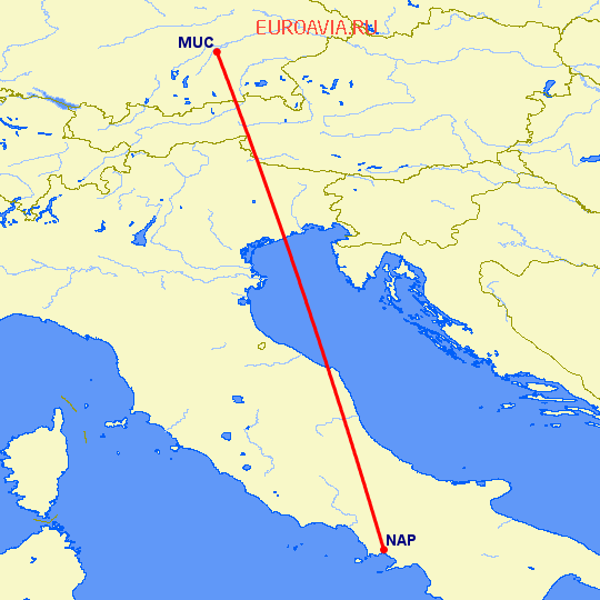 перелет Неаполь — Мюнхен на карте