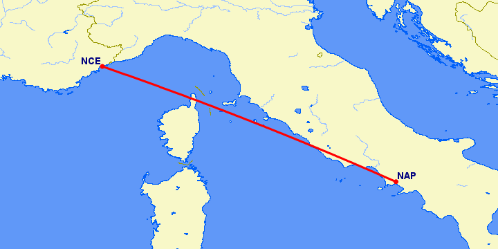 перелет Неаполь — Ницца на карте