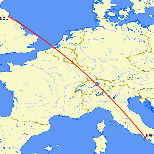 перелет Неаполь — Ньюкасл на карте