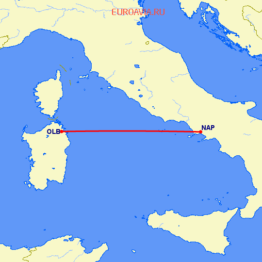 перелет Неаполь — Ольбия на карте