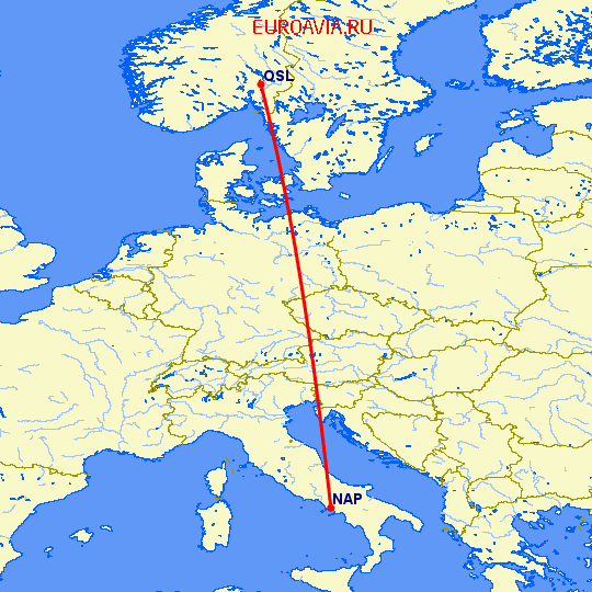 перелет Неаполь — Осло на карте