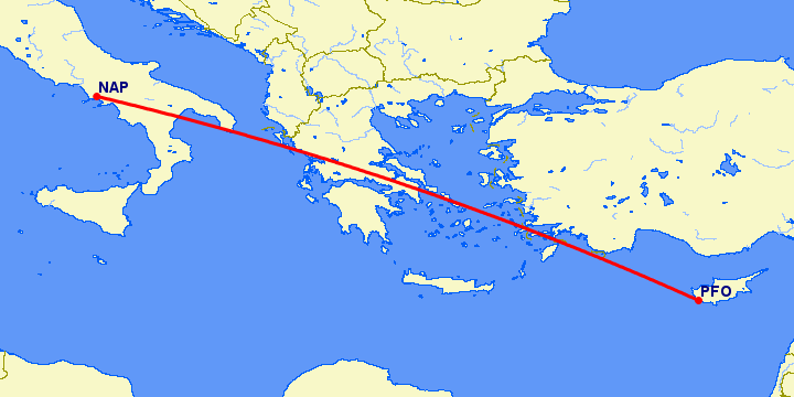 перелет Неаполь — Пафос на карте