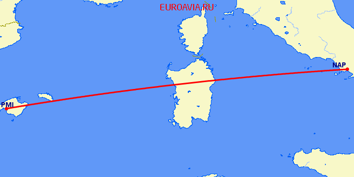 перелет Неаполь — Пальма де Майорка на карте