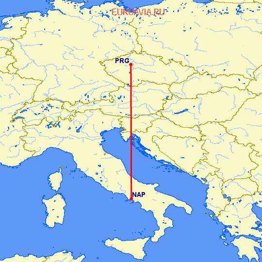 перелет Неаполь — Прага на карте