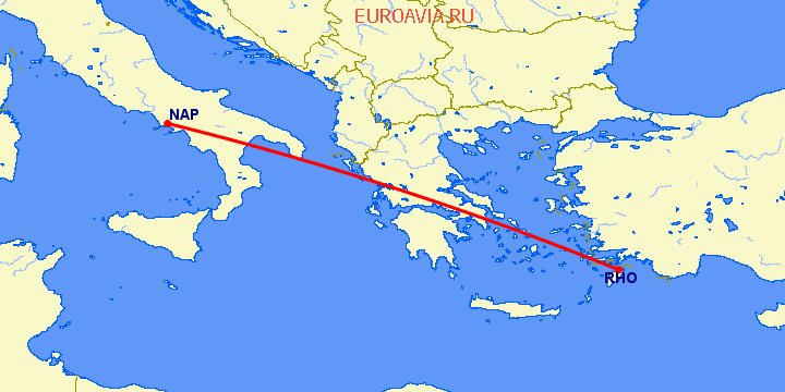 перелет Неаполь — Родос на карте