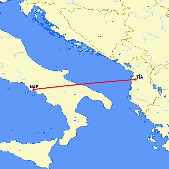перелет Неаполь — Тирана на карте