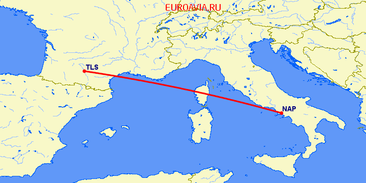 перелет Неаполь — Тулуза на карте