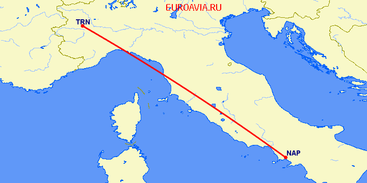 перелет Неаполь — Турин на карте