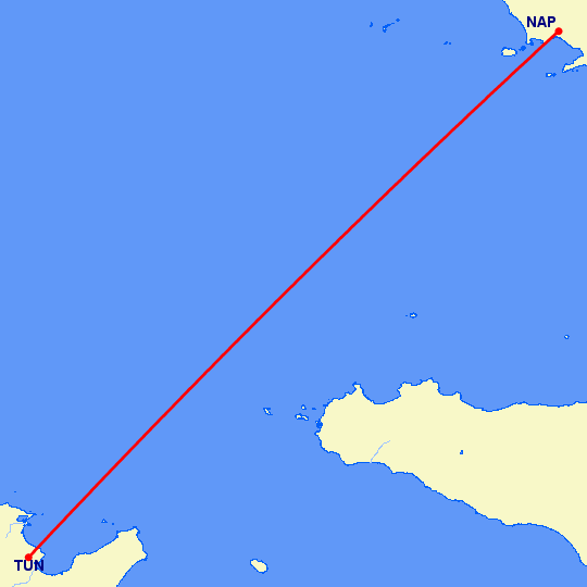 перелет Неаполь — Тунис на карте