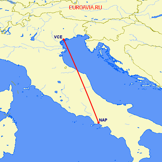 перелет Неаполь — Венеция на карте
