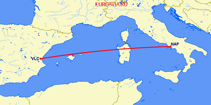 перелет Неаполь — Валенсия на карте