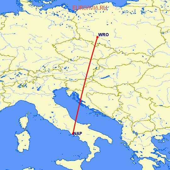 перелет Неаполь — Вроцлав на карте