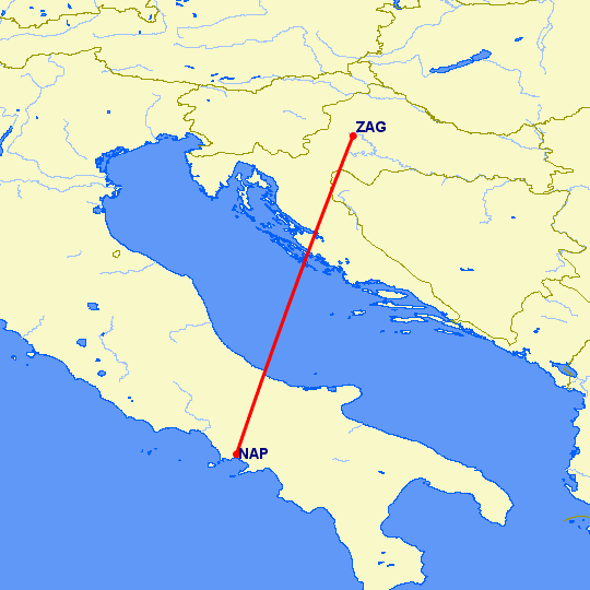 перелет Неаполь — Загреб на карте