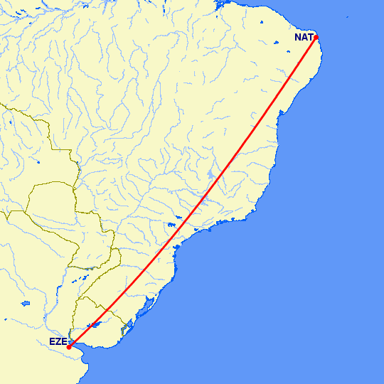 перелет Наталь — Буэнос Айрес на карте