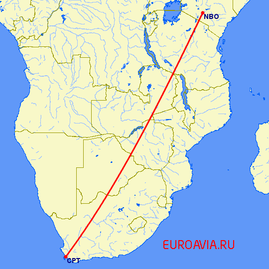 перелет Найроби — Кейптаун на карте