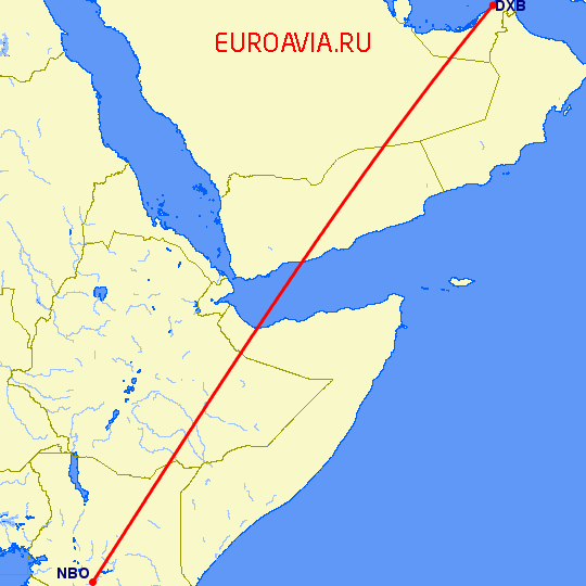 перелет Найроби — Дубай на карте