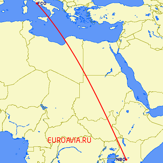 перелет Найроби — Рим на карте
