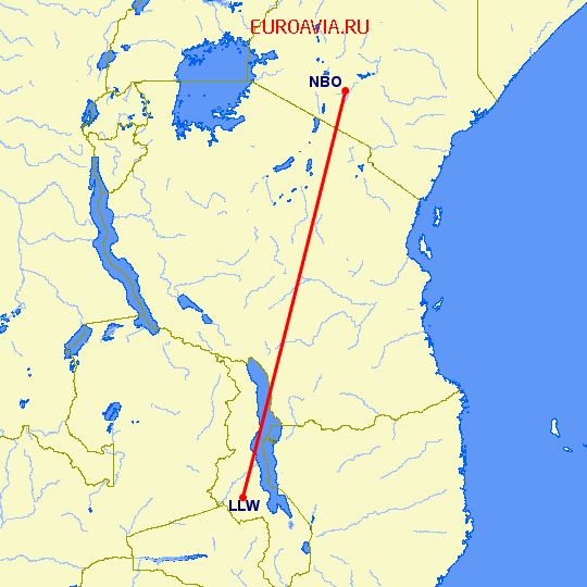перелет Найроби — Lilongwe на карте