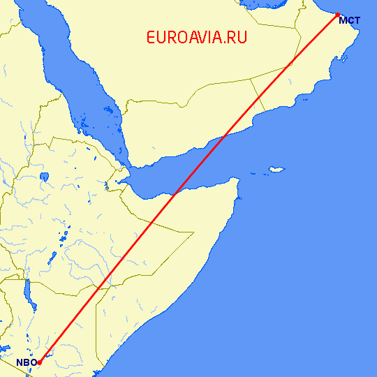 перелет Найроби — Маскат на карте