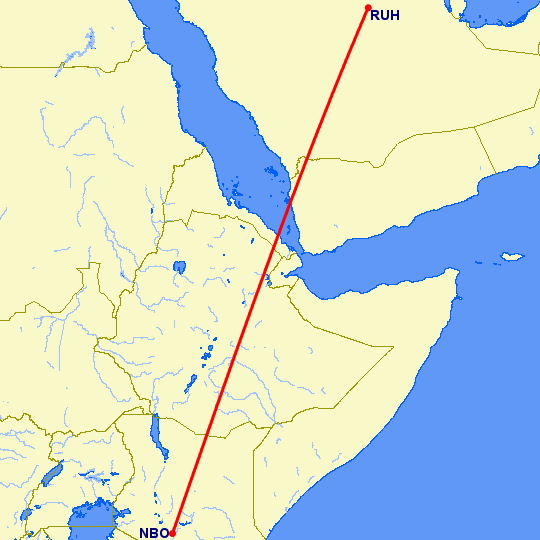 перелет Найроби — Эр Рияд на карте