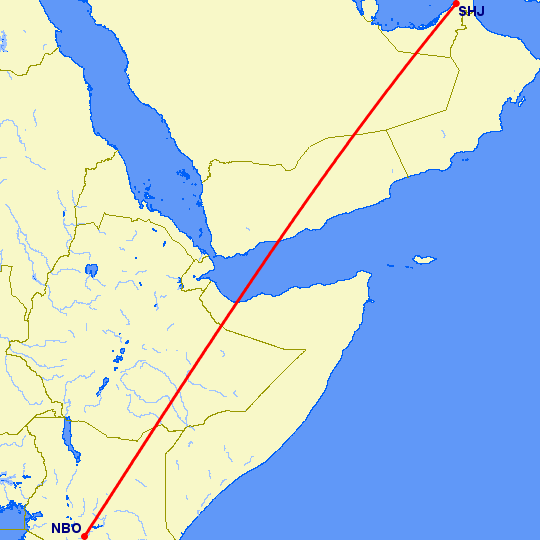 перелет Найроби — Шарджа на карте