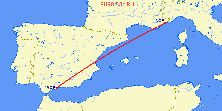 перелет Ницца — Малага на карте