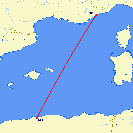 перелет Ницца — Алжир на карте