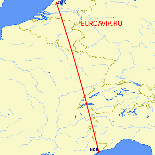 перелет Ницца — Амстердам на карте