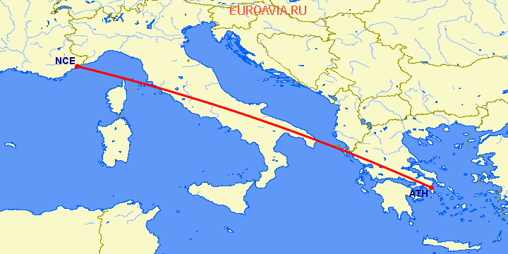 перелет Ницца — Афины на карте