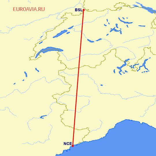 перелет Ницца — Базель-Мюлуз на карте
