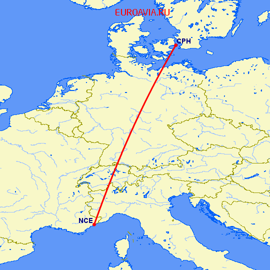 перелет Ницца — Копенгаген на карте