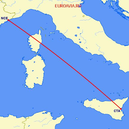 перелет Ницца — Катания на карте