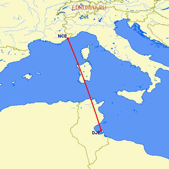 перелет Ницца — Джерба на карте