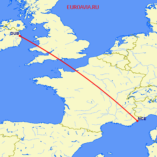 перелет Ницца — Дублин на карте