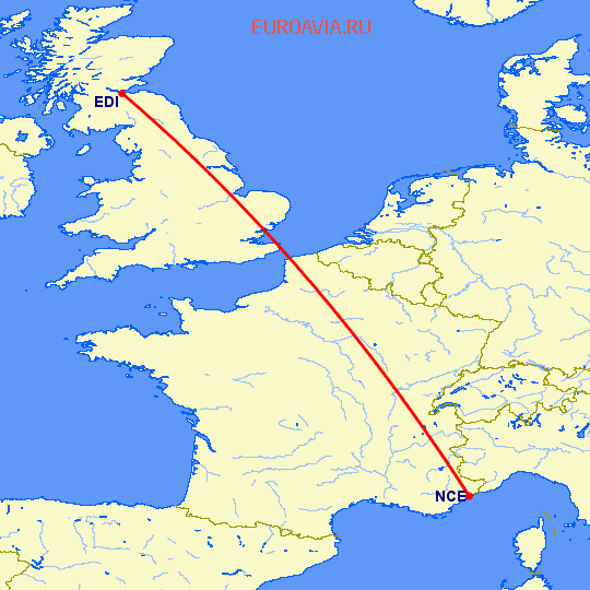 перелет Ницца — Эдинбург на карте
