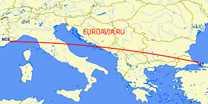 перелет Ницца — Стамбул на карте