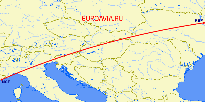 перелет Ницца — Киев на карте