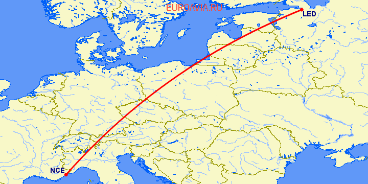 перелет Ницца — Санкт Петербург на карте
