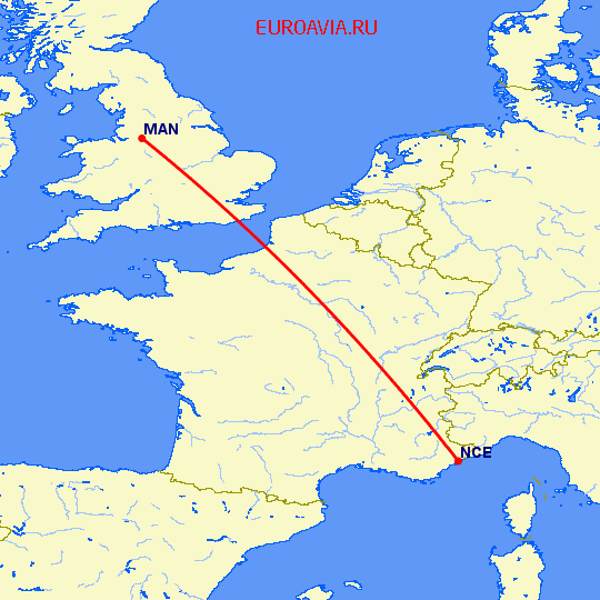 перелет Ницца — Манчестер на карте