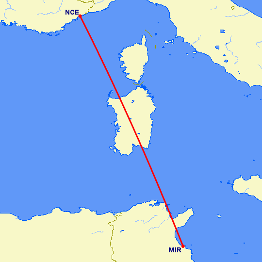 перелет Ницца — Монастир на карте