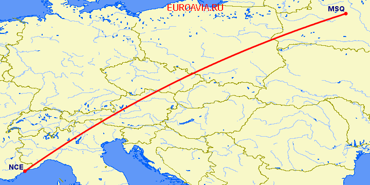 перелет Ницца — Минск на карте