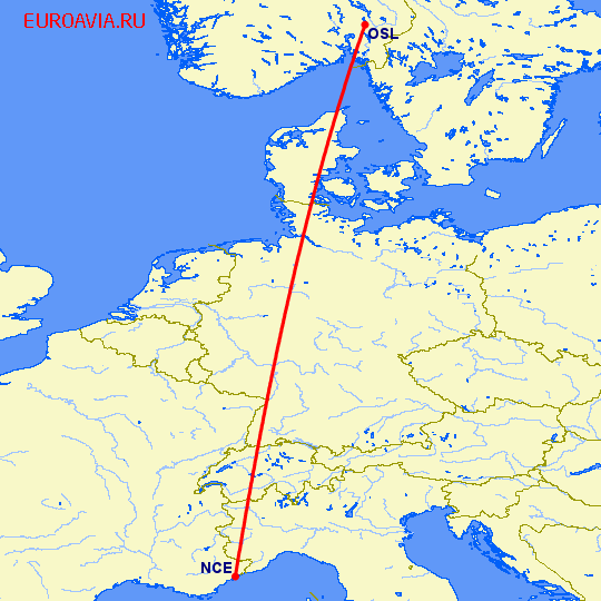 перелет Ницца — Осло на карте