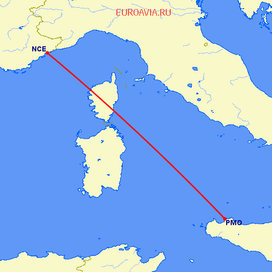 перелет Ницца — Палермо на карте