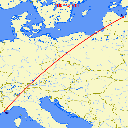 перелет Ницца — Рига на карте