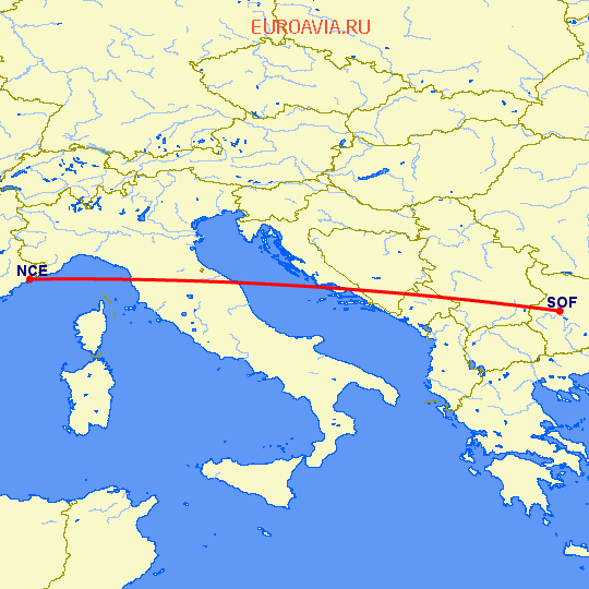 перелет Ницца — София на карте