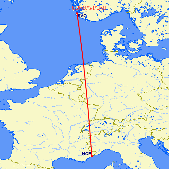 перелет Ницца — Ставангер на карте