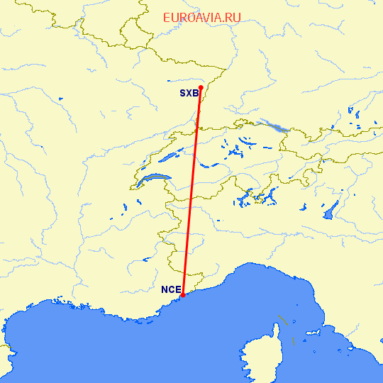 перелет Ницца — Страсбург на карте