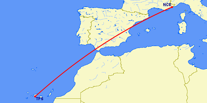перелет Ницца — Тенерифе на карте
