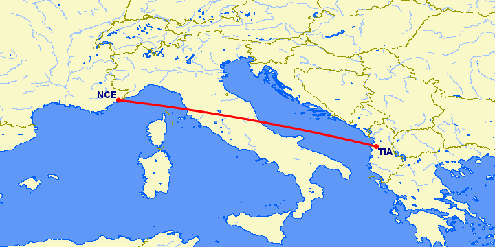 перелет Ницца — Тирана на карте